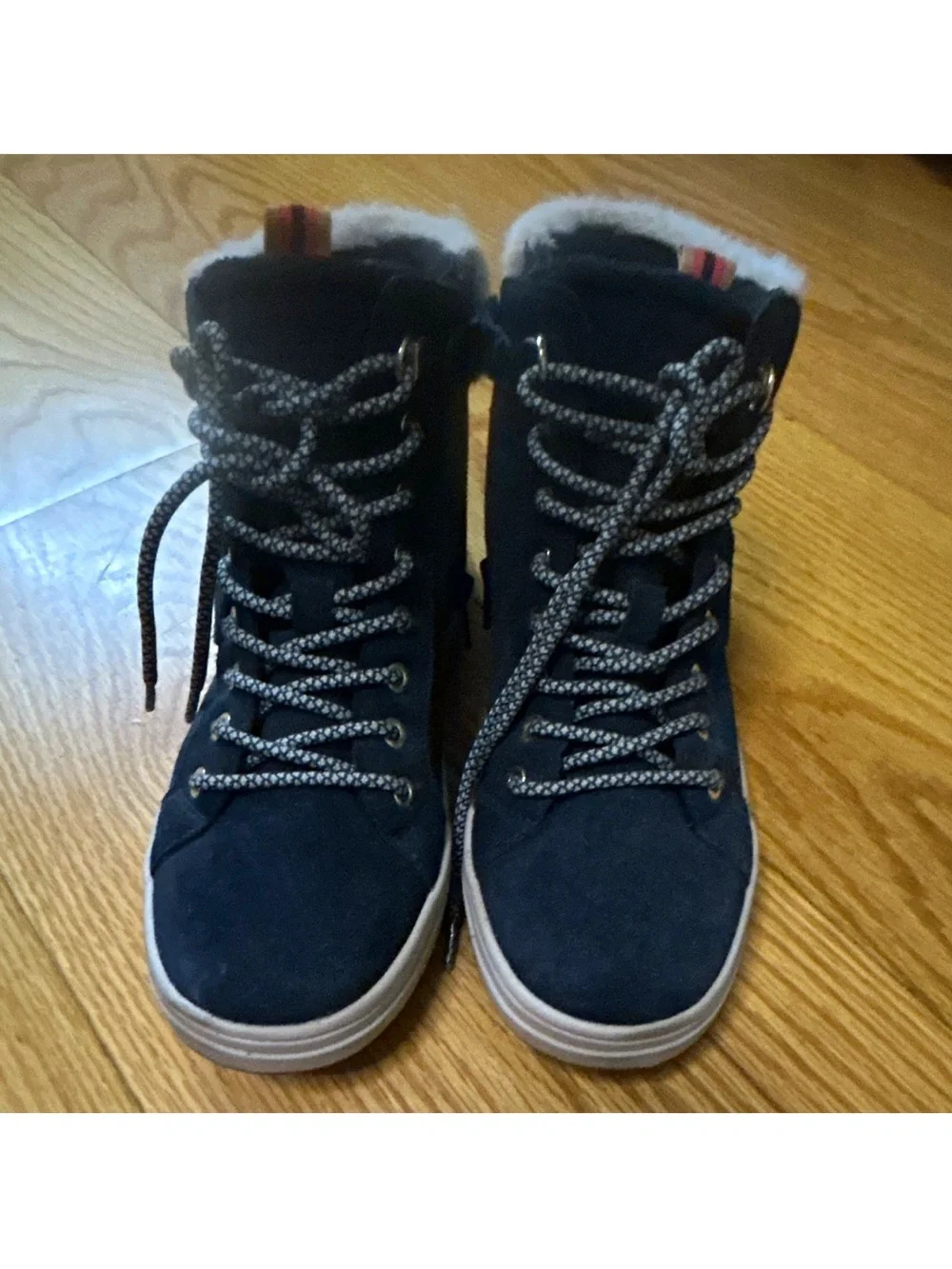 Geox Reapira Sz 4 Girls Navy Leather Faux-Fur Trim High-Top Sneakers Zipper Side